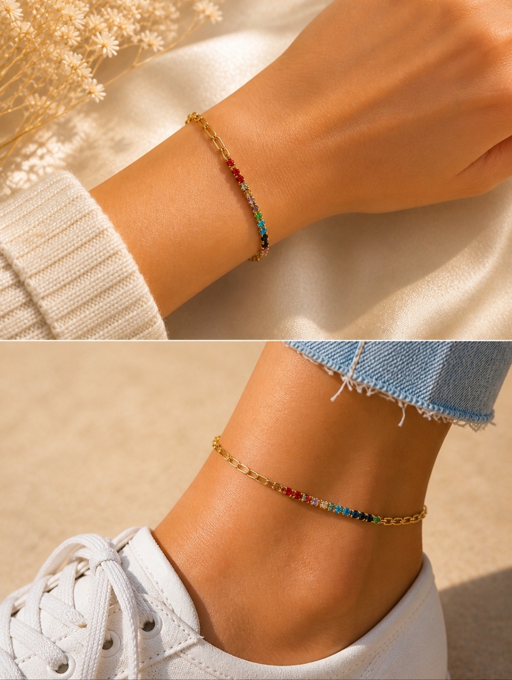 Gold Stainless Steel Rainbow Tennis Chain Bracelet Anklet Adjustable Dainty